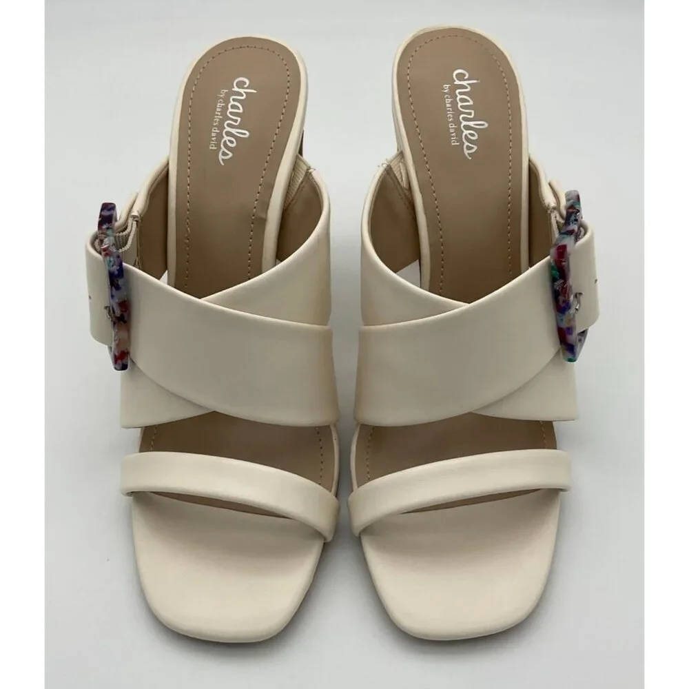 Charles David Gleam Slide Off White Heeled Sandal Colorful Buckle 9.5M NWT - Picture 2 of 11